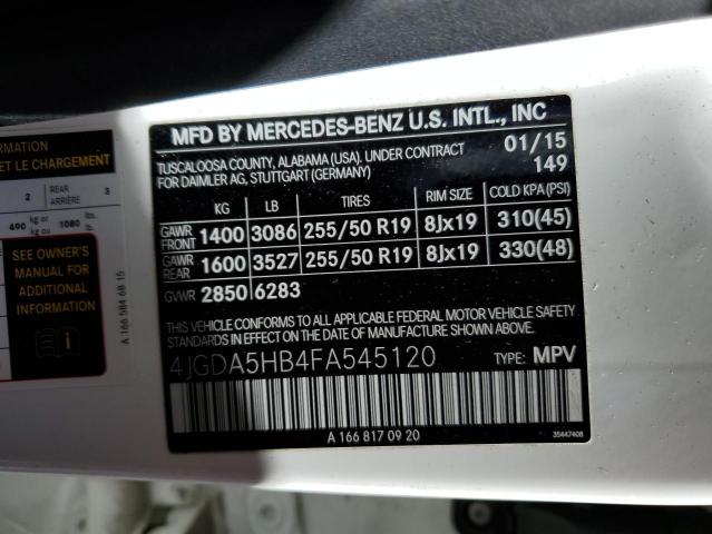 4JGDA5HB4FA545120 - 2015 MERCEDES-BENZ ML 350 4MATIC WHITE photo 12