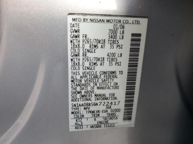 5N1AA08B56N722417 - 2006 NISSAN ARMADA SE SILVER photo 13