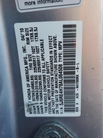 5J6RE4H78AL064508 - 2010 HONDA CR-V EXL SILVER photo 12