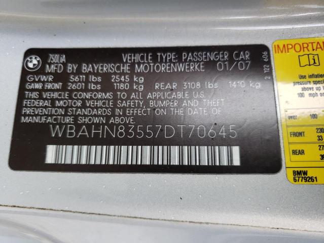 WBAHN83557DT70645 - 2007 BMW 750 SILVER photo 12