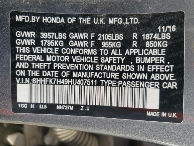 SHHFK7H49HU407511 - 2017 HONDA CIVIC SPORT GRAY photo 13