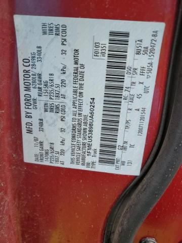 1FMEU53898UA60254 - 2008 FORD EXPLORER S LIMITED RED photo 12