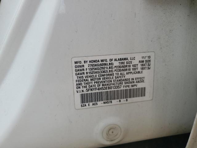 5FNYF4H53EB013357 - 2014 HONDA PILOT EXL WHITE photo 12