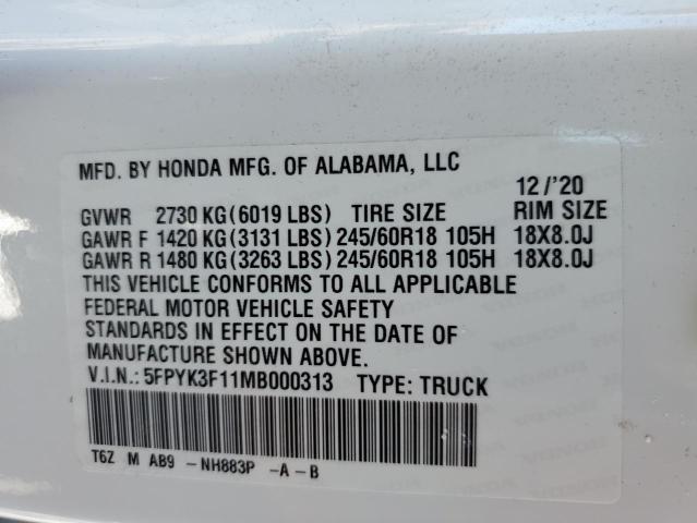 5FPYK3F11MB000313 - 2021 HONDA RIDGELINE SPORT WHITE photo 13