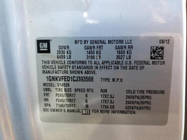 1GNKVFED1CJ393568 - 2012 CHEVROLET TRAVERSE LS SILVER photo 10