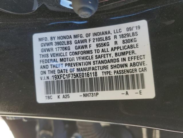 19XFC1F75KE016118 - 2019 HONDA CIVIC EXL შავი ფოტო 12