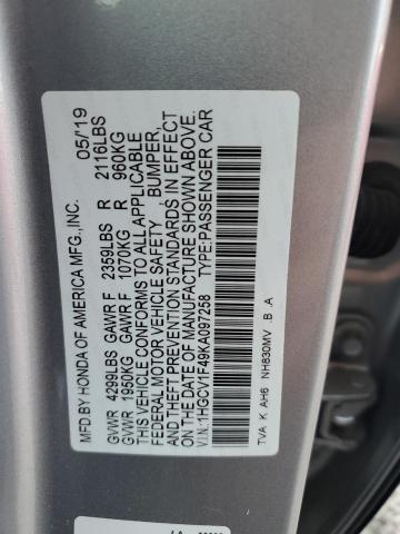 1HGCV1F49KA097258 - 2019 HONDA ACCORD EX SILVER photo 12