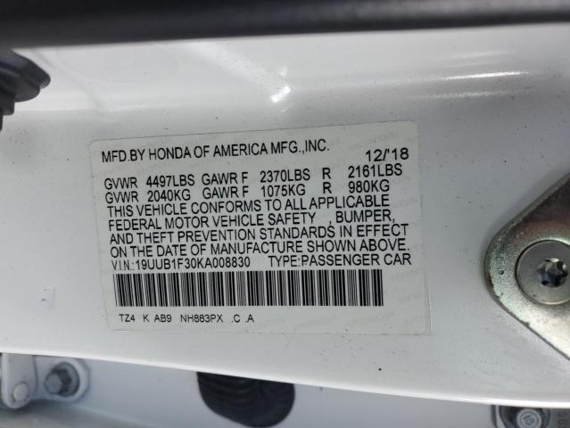 19UUB1F30KA008830 - 2019 ACURA TLX WHITE photo 13