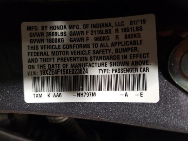 19XZE4F15KE023624 - 2019 HONDA INSIGHT LX GRAY photo 10