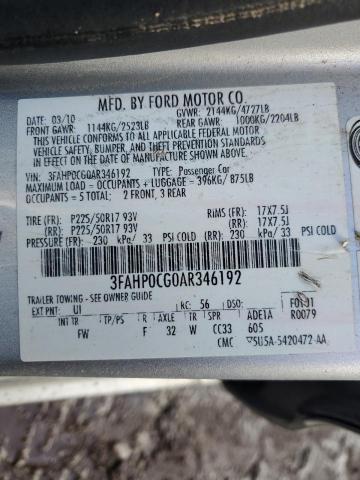 3FAHP0CG0AR346192 - 2010 FORD FUSION SEL SILVER photo 12