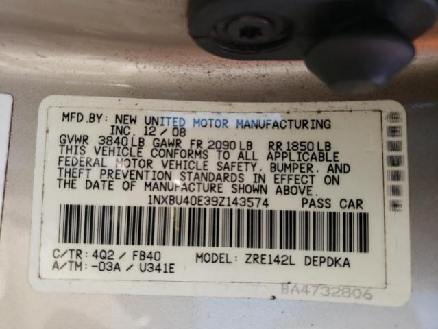 1NXBU40E39Z143574 - 2009 TOYOTA COROLLA BASE BEIGE photo 12