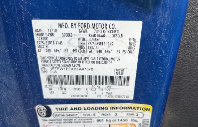 1FTFW1EFXBFA07372 - 2011 FORD F150 SUPERCREW BLUE photo 10