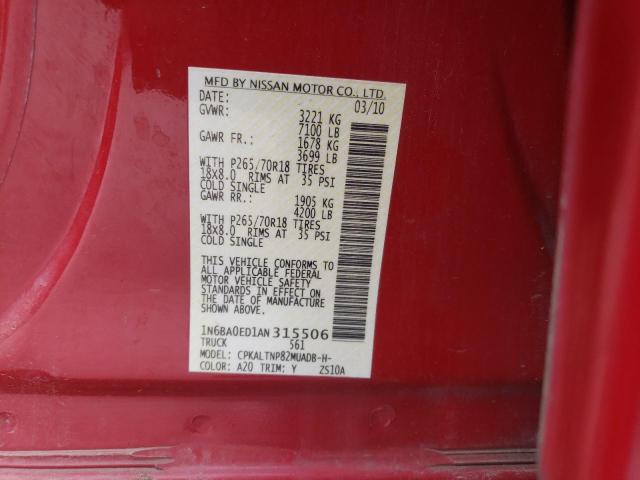 1N6BA0ED1AN315506 - 2010 NISSAN TITAN XE RED photo 12