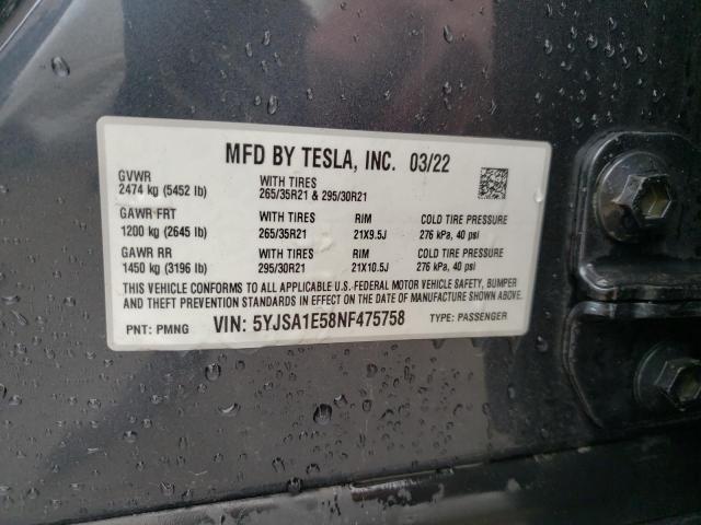 5YJSA1E58NF475758 - 2022 TESLA MODEL S Boz foto 12