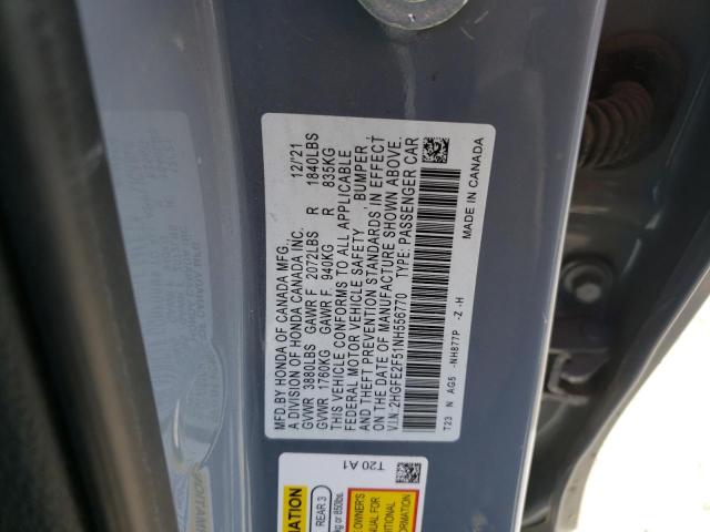 2HGFE2F51NH556770 - 2022 HONDA CIVIC SPORT GRAY photo 12