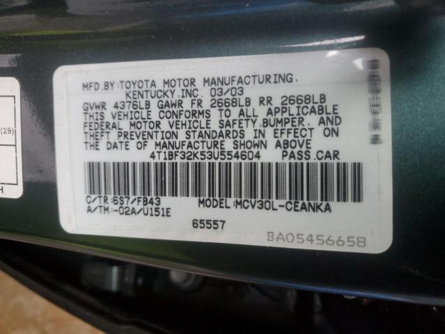 4T1BF32K53U554604 - 2003 TOYOTA CAMRY LE GREEN photo 13