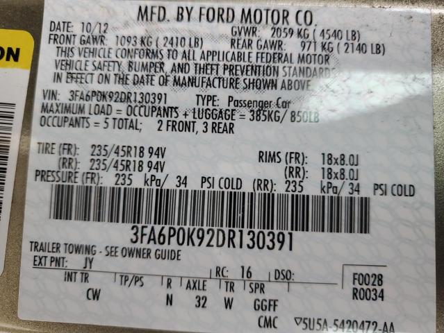 3FA6P0K92DR130391 - 2013 FORD FUSION TITANIUM GREEN photo 12