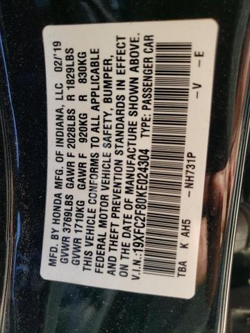 19XFC2F80KE024304 - 2019 HONDA CIVIC SPORT 黑色 照片 12