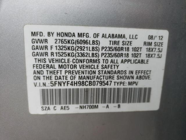 5FNYF4H98CB079547 - 2012 HONDA PILOT TOURING SILVER photo 14