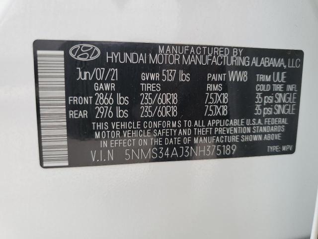 5NMS34AJ3NH375189 - 2022 HYUNDAI SANTA FE SEL Սպիտակ լուսանկար 13