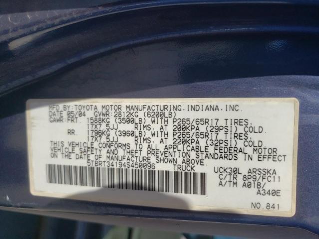 5TBRT34194S450096 - 2004 TOYOTA TUNDRA ACCESS CAB SR5 BLUE photo 12