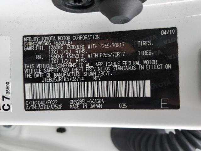 JTEBU5JR1K5703714 - 2019 TOYOTA 4RUNNER SR5 WHITE photo 13