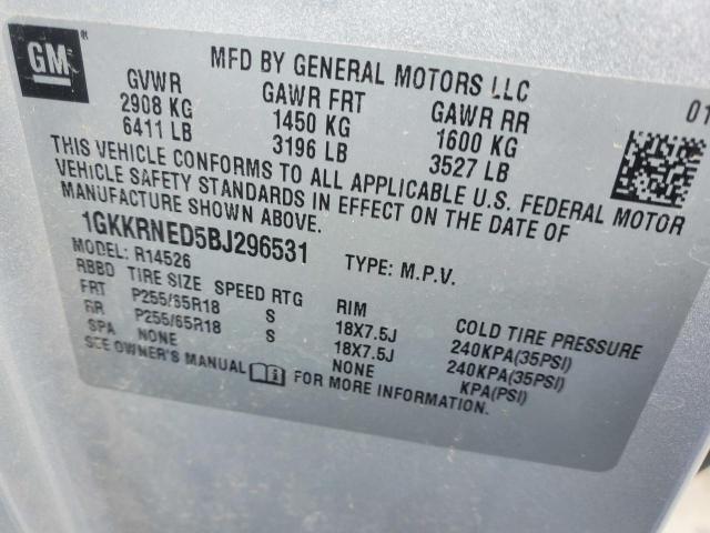 1GKKRNED5BJ296531 - 2011 GMC ACADIA SLE SILVER photo 10