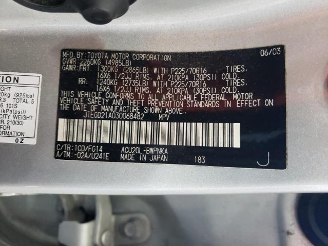 JTEGD21A030068482 - 2003 TOYOTA HIGHLANDER SILVER photo 12