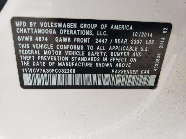 1VWCV7A30FC032208 - 2015 VOLKSWAGEN PASSAT SEL WHITE photo 12