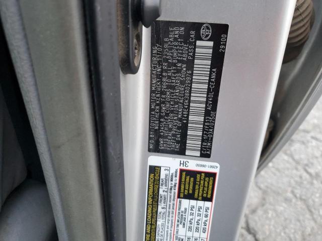 4T4BE46K38R029976 - 2008 TOYOTA CAMRY CE GRAY photo 12