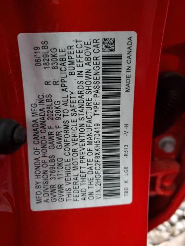 2HGFC2F8XKH570419 - 2019 HONDA CIVIC SPORT RED photo 13