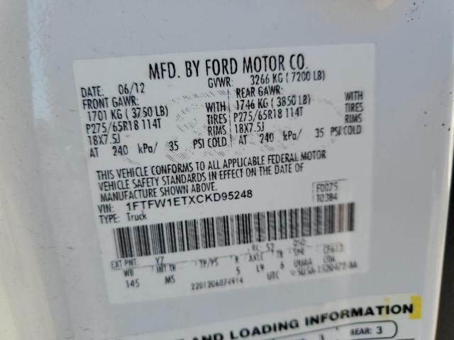 1FTFW1ETXCKD95248 - 2012 FORD F150 SUPERCREW WHITE photo 12