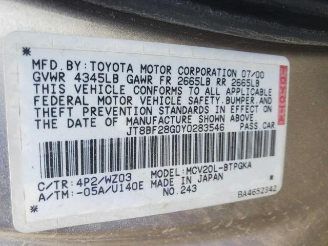 JT8BF28G0Y0283546 - 2000 LEXUS ES 300 GOLD photo 10