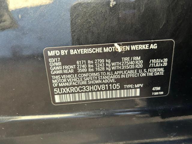 5UXKR0C33H0V81105 - 2017 BMW X5 XDRIVE35I BLACK photo 10
