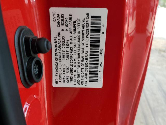 2HGFC3B35GH357353 - 2016 HONDA CIVIC EX RED photo 12