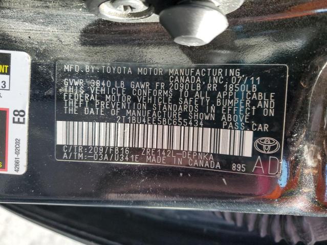 2T1BU4EE5BC655434 - 2011 TOYOTA COROLLA BASE BLACK photo 12