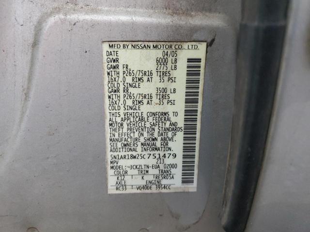 5N1AR18W25C751479 - 2005 NISSAN PATHFINDER LE ვერცხლისფერი ფოტო 13