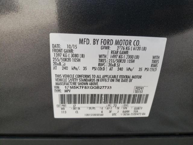 1FM5K7F8XGGB27793 - 2016 FORD EXPLORER LIMITED GRAY photo 13