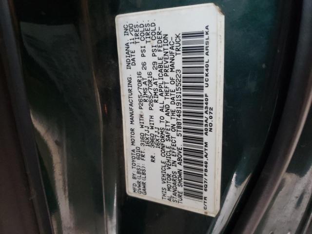 5TBBT48191S155223 - 2001 TOYOTA TUNDRA ACCESS CAB LIMITED GREEN photo 12