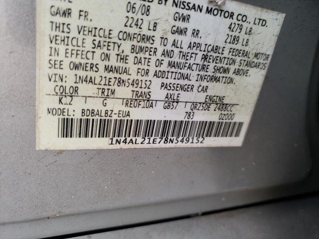 1N4AL21E78N549152 - 2008 NISSAN ALTIMA 2.5 SILVER photo 12