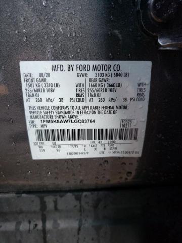 1FM5K8AW7LGC83764 - 2020 FORD EXPLORER POLICE INTERCEPTOR GRAY photo 12