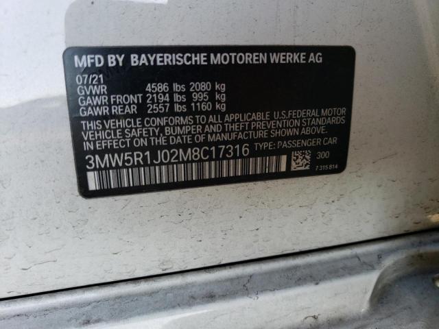 3MW5R1J02M8C17316 - 2021 BMW 330I WHITE photo 12