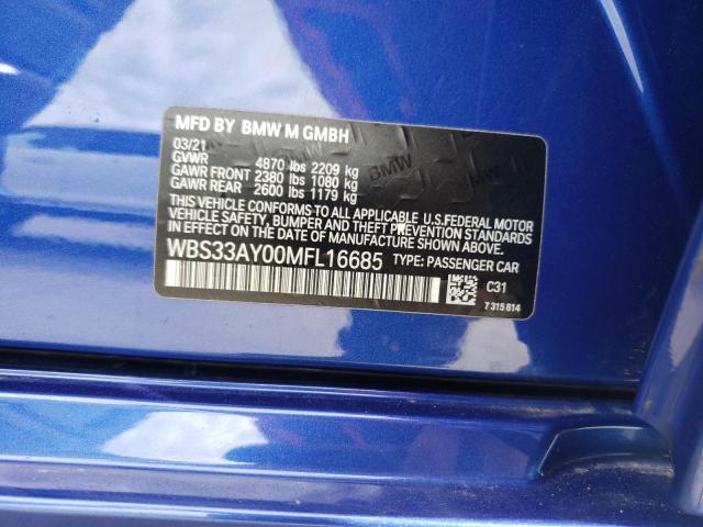 WBS33AY00MFL16685 - 2021 BMW M3 COMPETI BLUE photo 12