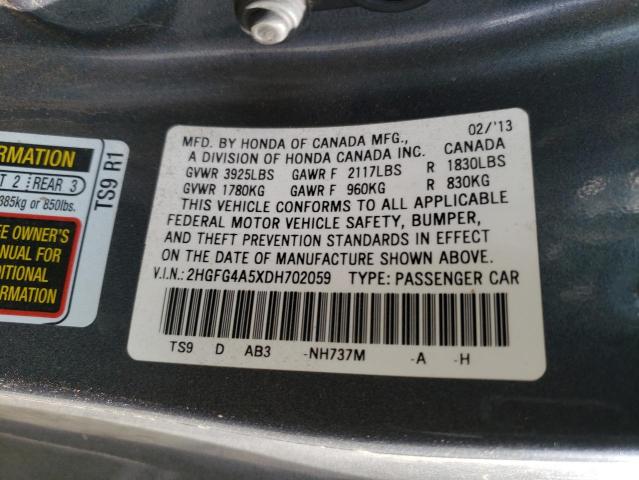 2HGFG4A5XDH702059 - 2013 HONDA CIVIC SI GRAY photo 12