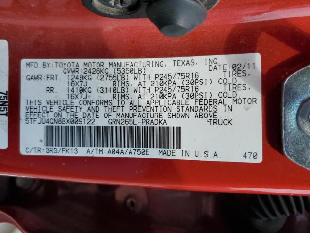 5TFJU4GN8BX009122 - 2011 TOYOTA TACOMA DOUBLE CAB PRERUNNER RED photo 12