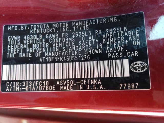 4T1BF1FK4GU551276 - 2016 TOYOTA CAMRY LE RED photo 12