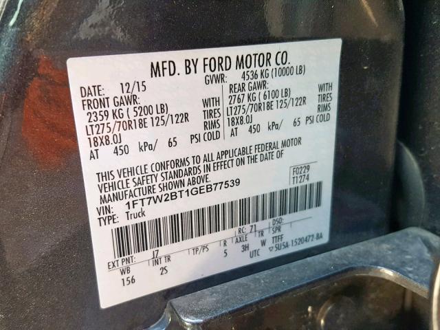 1FT7W2BT1GEB77539 - 2016 FORD F250 SUPER BLACK photo 10