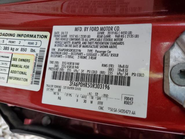 3FA6P0HR5DR303196 - 2013 FORD FUSION SE RED photo 12