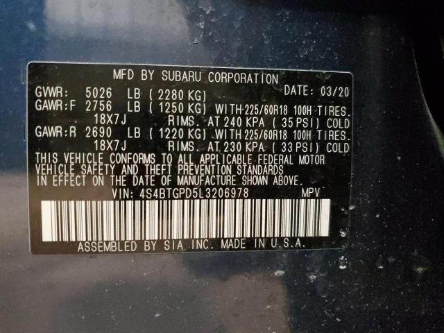 4S4BTGPD5L3206978 - 2020 SUBARU OUTBACK TOURING LDL Կապույտ լուսանկար 14