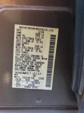 5N1AR18W85C720737 - 2005 NISSAN PATHFINDER LE ნაცრისფერი ფოტო 12